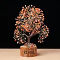Handmade wealth tree with natural red agate stones and solid wood base for home decor - Red Agate Wood Base Money Tree