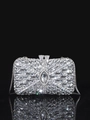 Close-up of sparkling silver rhinestone evening bag with elegant chain and metallic reflections - 18x11 Rectangular Silver