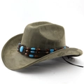 Olive green suede western cowboy hat with turquoise bead band and blue gemstone focal point - M(56-58cm) / Army Green