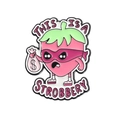 Cartoon strawberry enamel pin with 'This is a Strobbery' text and money bag design - Masked Strawberry Robber