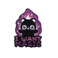 Halloween black cat enamel pin badge with I WANT MAGIC text and purple flame design - Black Cat