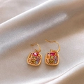 18k gold plated colorful square gemstone drop earrings on champagne satin - Multicolor Gemstone Style (HE30278)