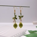 Lemon themed drop earrings with gold hooks, green leaves and white pearl pendants - Green Lemon Pearl Style (FN1018-2)