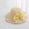 Detailed macro view of a children's beige straw sun hat featuring a large yellow fabric bow. - Big Bow White / Circumference 50-53cm / Beige