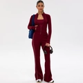 Burgundy three-piece yoga set with slim-fit zip jacket and white striped flare pants - S / Burgundy (Yoga Jacket + Flare Pants)