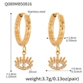 Macro view of gold stainless steel devil's eye zircon earrings with detailed dimensions - Evil Eye Hammered Pendant Earrings (Q089) / Gold