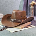 Brown faux leather western cowboy hat with bull head logo and adjustable chin strap - Bull Head Belt Decor / Camel