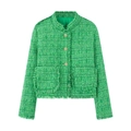 Elegant green tweed jacket with gold buttons and fringe details on a white background - XS / Green