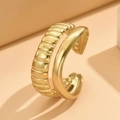 Adjustable double-layered golden stainless steel ring featuring ribbed and smooth textures - Gold