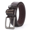 Men's dark brown faux leather belt with silver buckle and orange stitching details - Style 3 (Brushed Gunmetal) / Coffee