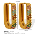 Elegant gold U-shape stainless steel earrings featuring colorful rhinestones - Style EH315 / Gold with Multicolor Zirconia
