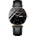 Quartz watch with black dial, rose gold case and black leather strap featuring date display - 069 Black Leather Strap Gold Case