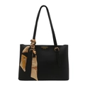 Borsa tote classica in pelle nera con foulard in seta vintage e targhetta dorata - Nero