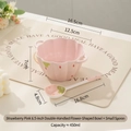 Ceramic strawberry petal bowl with handles and matching spoon set in pink finish - 6.5 Inch Double Handle Bowl + Spoon - Pink Strawberry