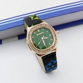 Elegant square gold women's watch with crystal bezel, green dial, and floral leather strap - Green