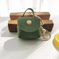 Mini green faux leather coin purse keychain with wave pattern and gold metal clasp decoration - Army Green