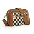 Borsa a tracolla in pelle marrone con motivo a scacchiera bianco e nero e tracolla regolabile - Marrone a Quadri
