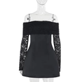 Detail of elegant black off-shoulder lace splicing and satin texture on long sleeve dress - S / Black