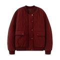 Chaqueta bomber acolchada burdeos de corte holgado con botones a presión y diseño de ondas - XS / Rojo Oscuro