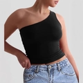 Slim fit black one-shoulder yoga sports tank top for women in stretch fabric - S / Black
