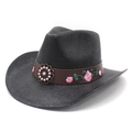 Western black woven straw cowboy hat with pink floral embroidery band for outdoor use - Black