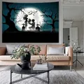Gothic Halloween wall tapestry featuring couple silhouettes and bats for dorm decor - 150x130cm / WSJ44 Moonlight Ghost Silhouette