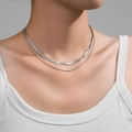 Modern double-layer silver stainless steel necklace featuring a sleek snake chain and link - Steel Color Layered Flat & Round Snake Chain