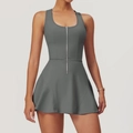 Robe de tennis gris anthracite pour femme avec fermeture éclair frontale et col en U - M / Gris de Montagne