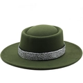 Cappello boater in lana verde scuro a tesa larga con fascia decorativa in strass argentati - M(56-58cm) / Verde Militare