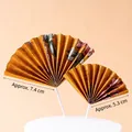 Bronze gold Chinese paper fan cake toppers with floral patterns in two sizes - Yellow Cotton Paper Fans 5 Pairs