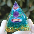 Handheld resin pyramid featuring purple crystal ball, galaxy disk and blue stones - Amethyst Vortex Glaze / Small