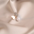 Elegant gold heart brooch with sparkling crystals, mother of pearl, and a hanging white pearl - 523# Pearl Butterfly