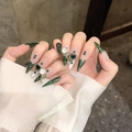 Exquisite emerald green press-on nails with 3D floral and gemstone embellishments - Extra Small (XS) / Emerald Green Long Water Drop (1229)