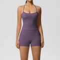 Detail of purple yoga set with thin strap backless top and high waist sports shorts - S / Eggplant Purple
