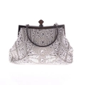 Detailed view of vintage silver evening clutch with intricate beaded floral embroidery - 1203 Silver