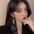 Close-up of elegant gold chain drop earrings worn by a model for a vintage look - Gold Long Chain Link