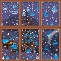 Blue watercolor Christmas window clings featuring white reindeer and snowflakes - [6 Sheets Combo] BQ(400-402)+407+408+411