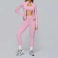 Three-piece yoga set in marled pink featuring zip-up jacket, sports bra, and high-waist leggings - S / Top And Bottom / Sakura Pink