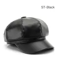 Classic black PU leather newsboy cap for women featuring an octagonal vintage design - Black