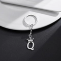 Silver stainless steel crown keychain with letter Q pendant on metal ring and chain - Letter Q Crown Style (Q)