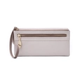 Detail of off-white lychee grain leather wallet with a golden leaf zipper and wrist strap - Leaf Pull Style / Beige