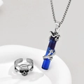 Retro Drachensäulen-Halskette und Totenkopfring-Set in Silber mit blauem Glas - Blauer Drachen Set