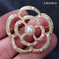 Golden camellia flower brooch with elegant white pearls, 3.8x3.8cm luxury jewelry accessory - Camellia