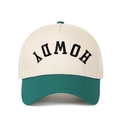 Close-up of HOWDY embroidery detail on two-tone cotton twill baseball trucker cap - Beige/Dark Green
