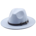 Detail of lavender wool fedora hat featuring black leather band and silver buckle - M (56-58cm) / Sky Blue