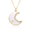 Elegante collar con colgante de luna y estrella dorada con diamantes micro-pavé brillantes - Estilo Estrella Luna Esmalte Blanco (c641)