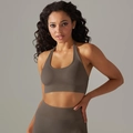 Seamless coffee grey ribbed sports bra and high-waist yoga leggings matching gym set - Brown