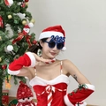Red Christmas dress set with long gloves and blue 2025 novelty party glasses - Blue Connected 2025 Glasses
