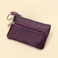 Slim purple pebble grain leather coin purse with double zippers and metal keychain ring - Dark Purple