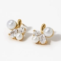 316L stainless steel gold flower earrings with white pearls and clear cubic zirconia - Gold (KD2993)